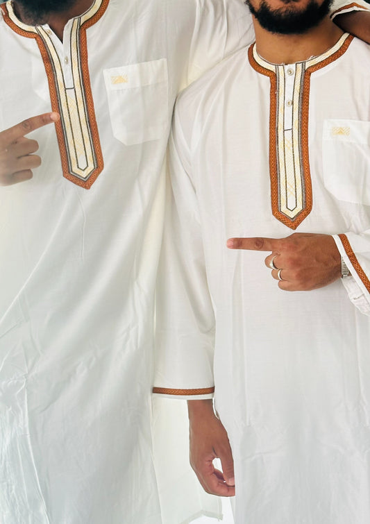 Ensemble Qamis blanc broderie marron et beige